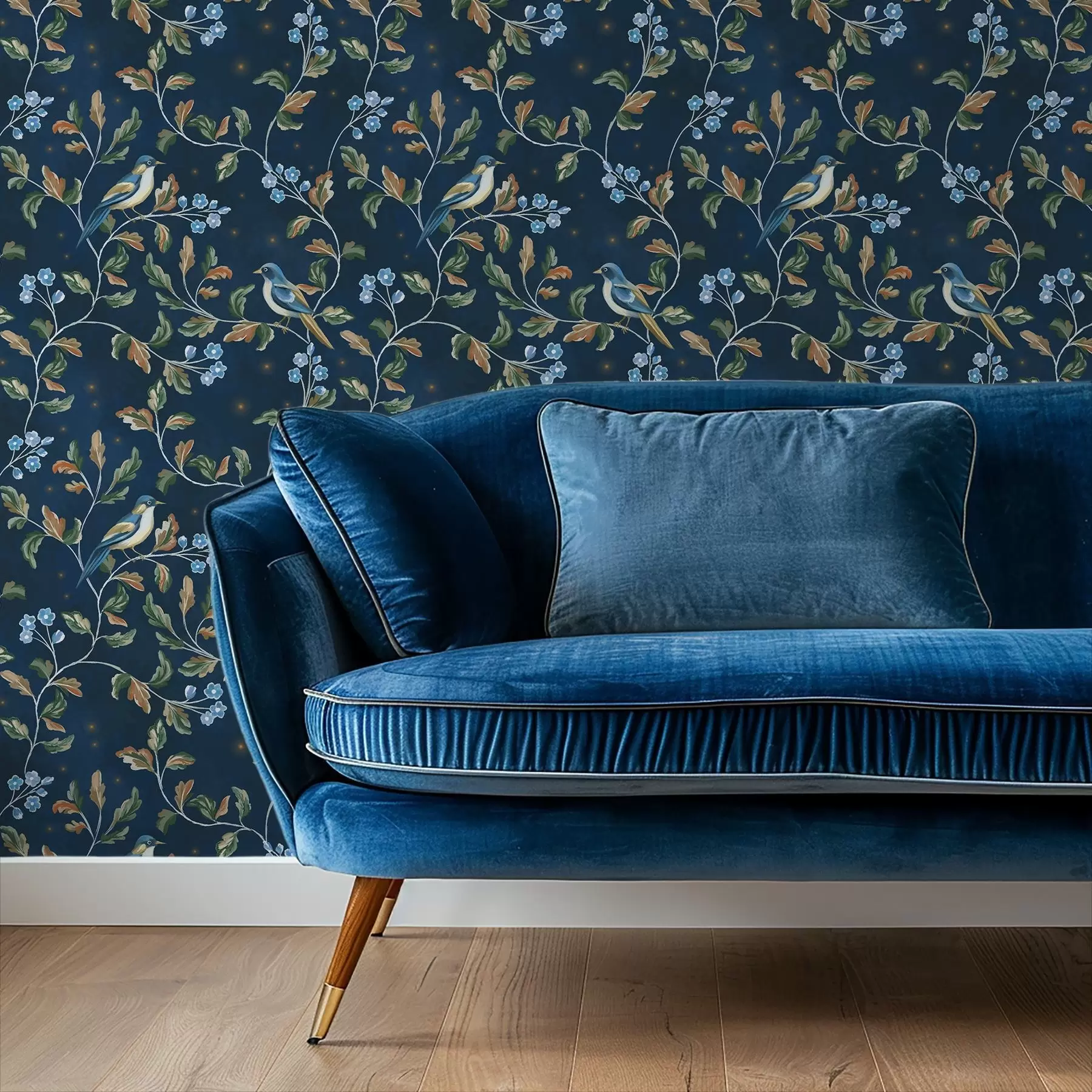 murales de pared Tetas en ramas, fondo azul nocturno con chispas a00858