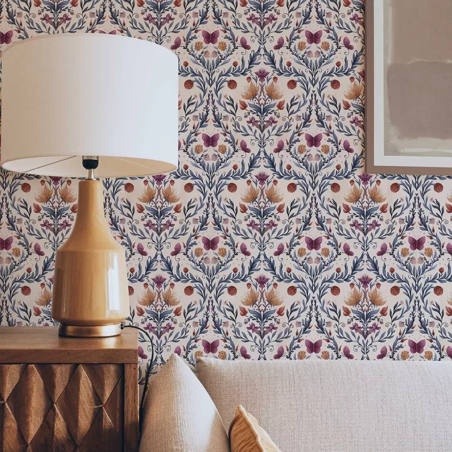 murales de pared Damasco floral con mariposas sobre fondo melocotón suave. a00926