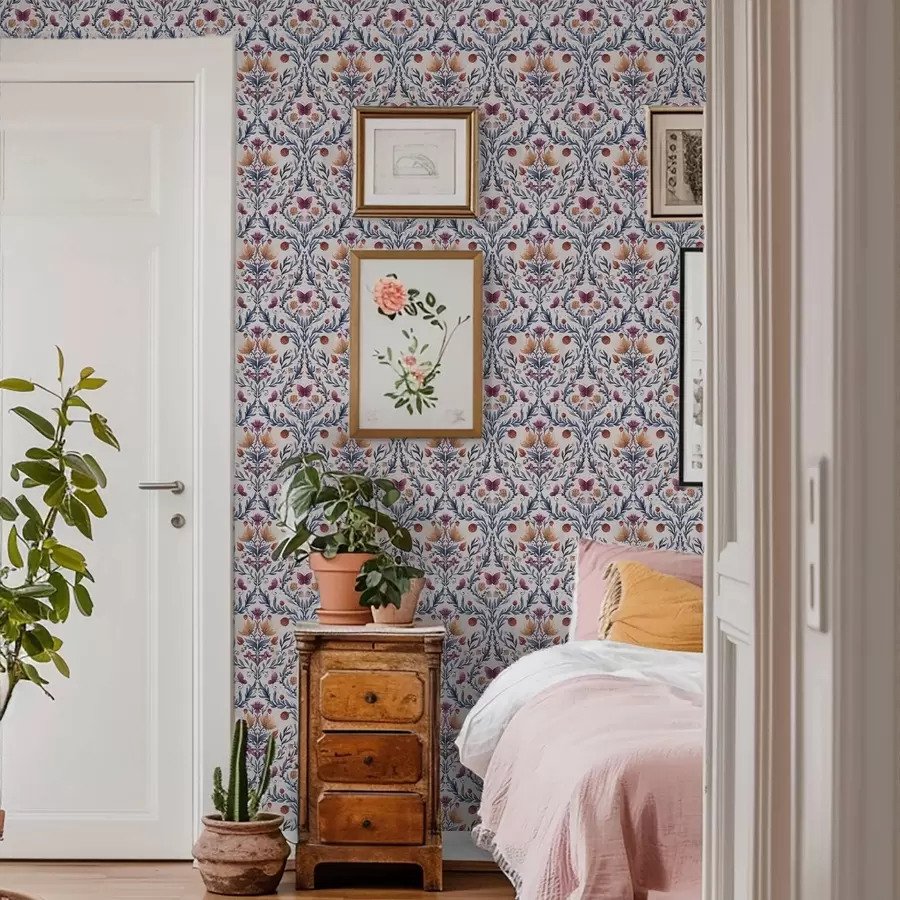 murales de pared Damasco floral con mariposas en azul marino y terracota sobre fondo blanco a00926v1