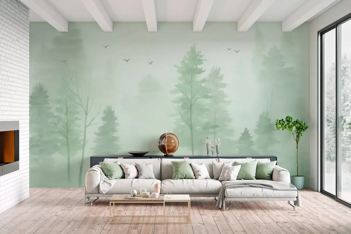 murales de pared Bosque aéreo en tonos verdes, estilo acuarela. w04872v1