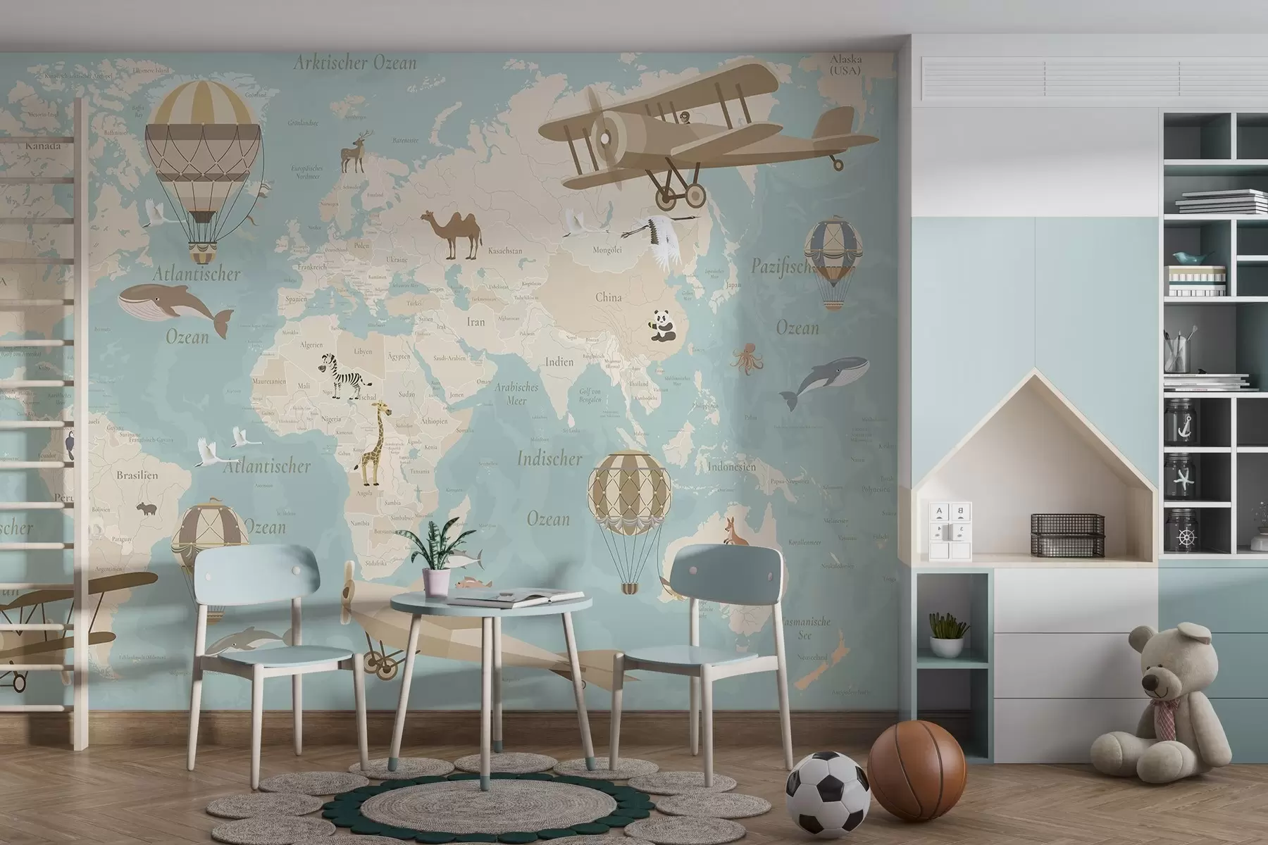 murales de pared Mapa del mundo para niños con animales, aviones y globos aerostáticos. En alemán. Color azul. c00003dev1