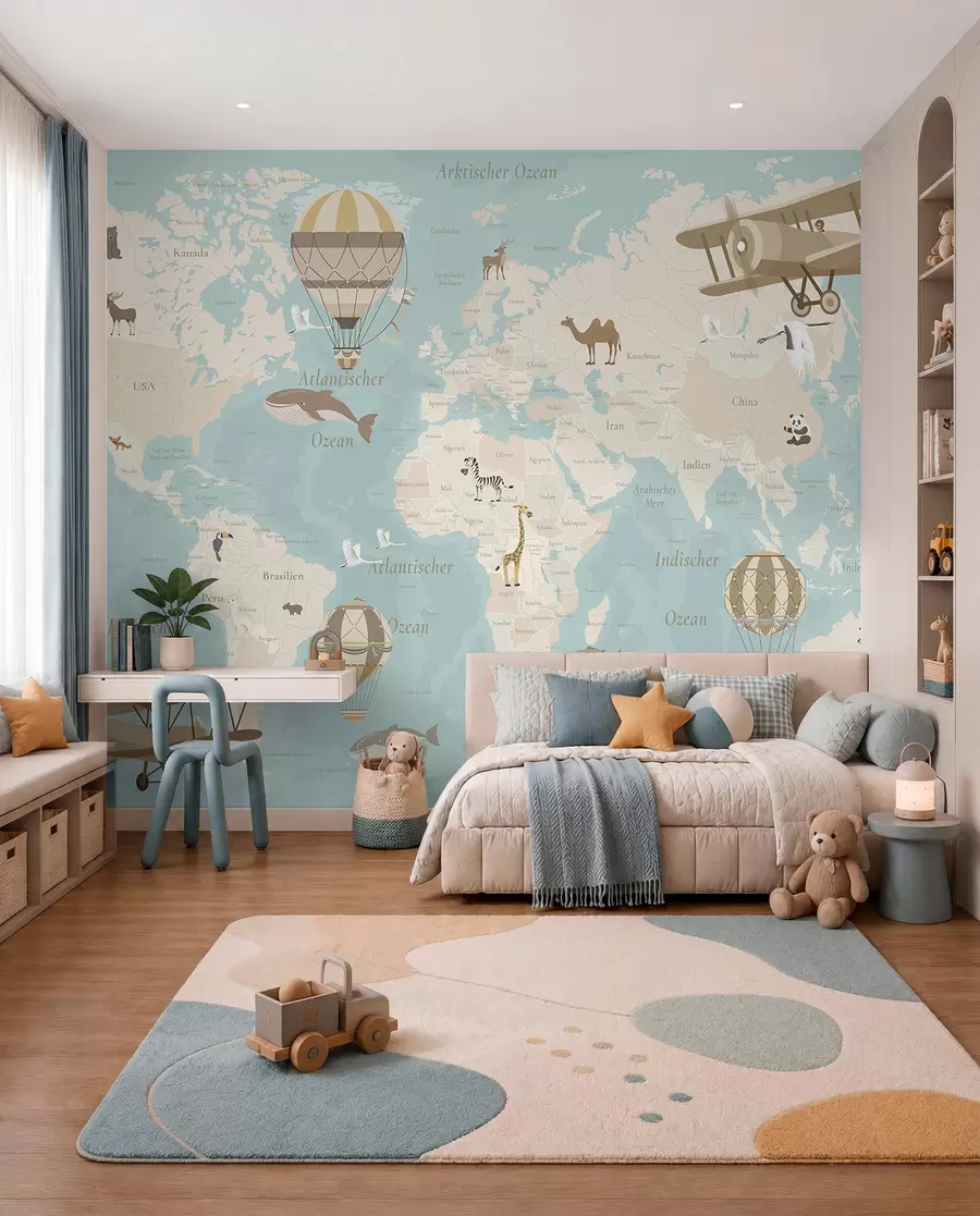 murales de pared Mapa del mundo para niños con animales, aviones y globos aerostáticos. En alemán. Color azul. c00003dev1