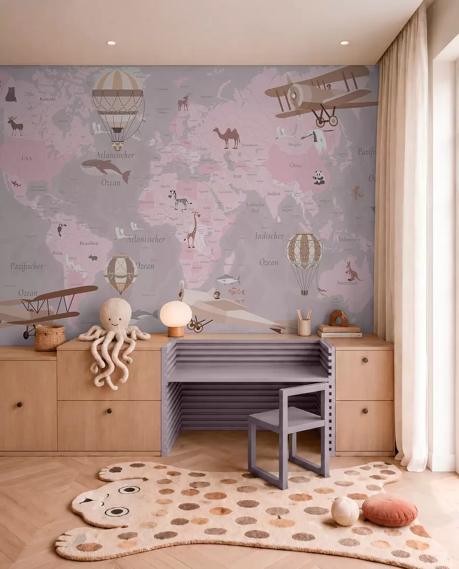murales de pared Mapa del mundo para niños con animales, aviones y globos aerostáticos. En alemán. Color rosa. c00003dev3