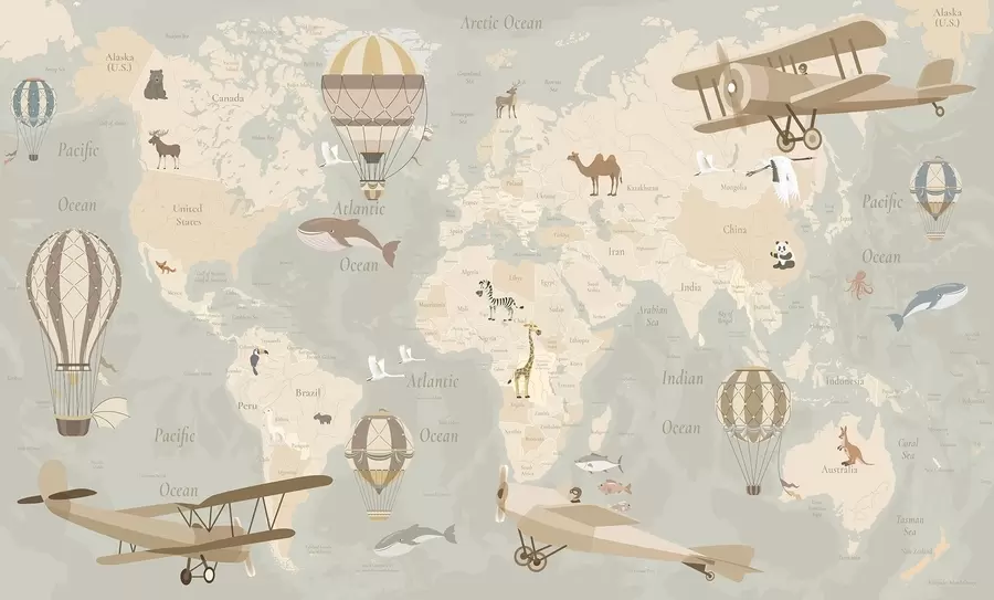 murales de pared Mapa del mundo para niños con animales, aviones y globos aerostáticos. En inglés. Color beige. c00003en