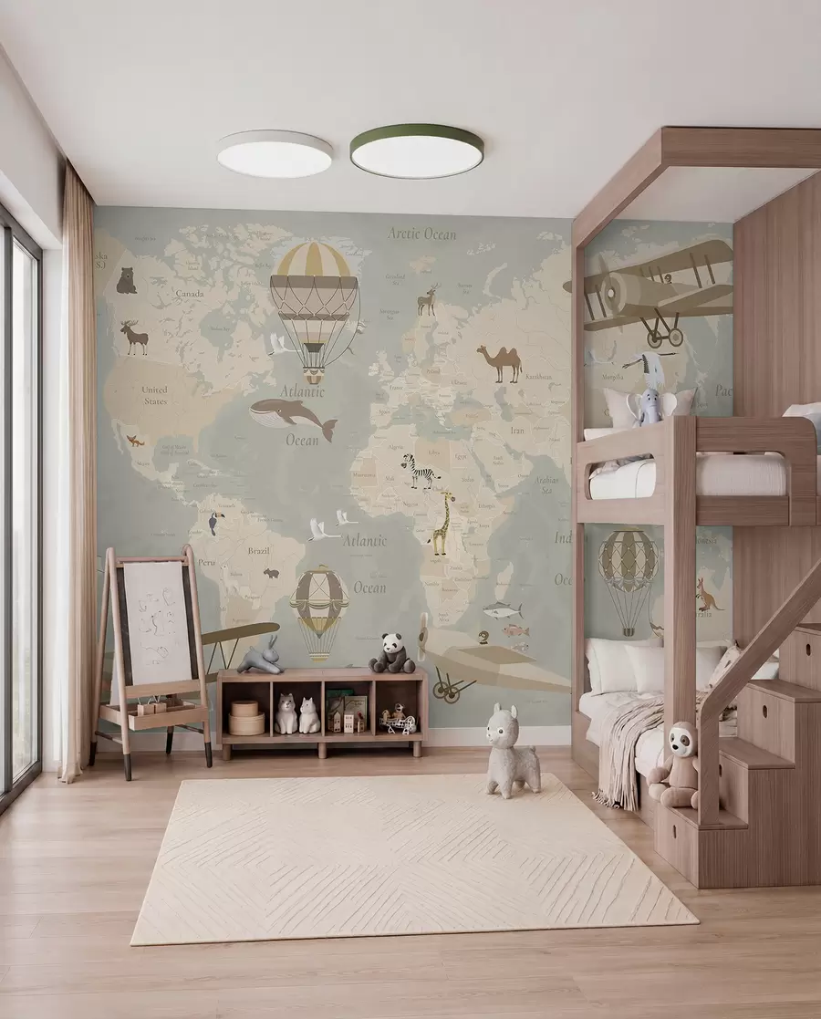 murales de pared Mapa del mundo para niños con animales, aviones y globos aerostáticos. En inglés. Color beige. c00003en