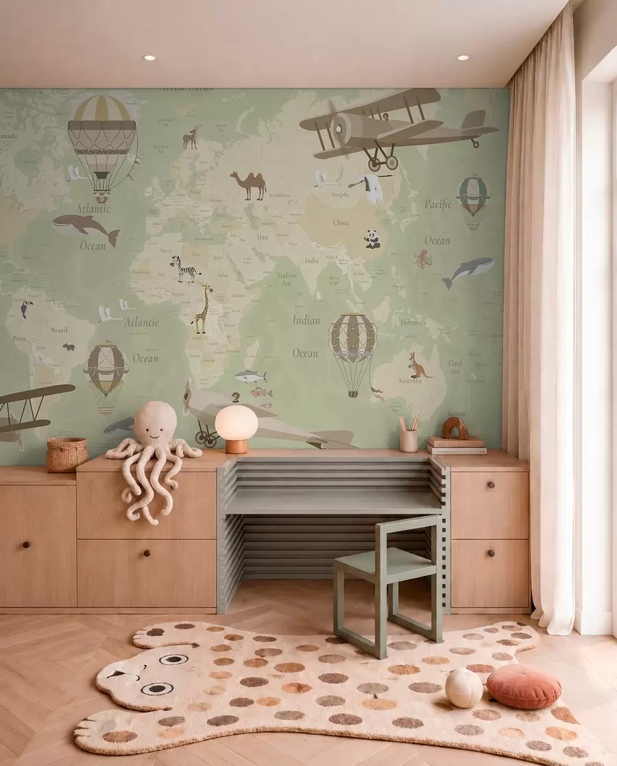 murales de pared Mapa del mundo para niños con animales, aviones y globos aerostáticos. En inglés. Color verde. c00003env2