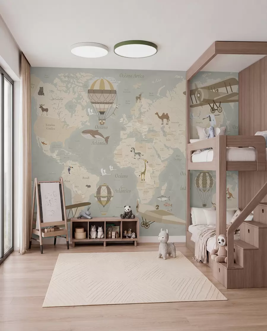 murales de pared Mapa del mundo para niños con animales, aviones y globos aerostáticos. En español. Color beige. c00003es