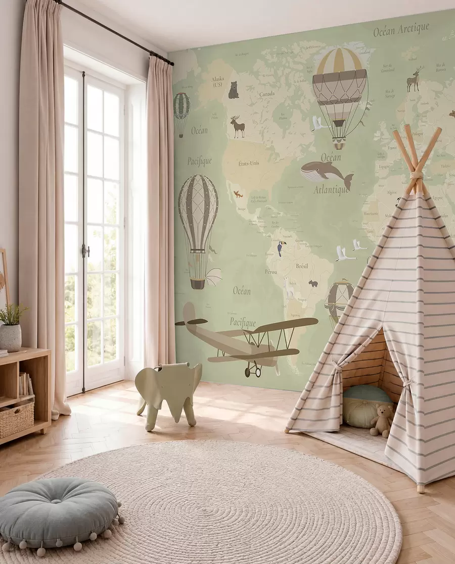 murales de pared Mapa del mundo para niños con animales, aviones y globos aerostáticos. En francés. Color verde. c00003frv2