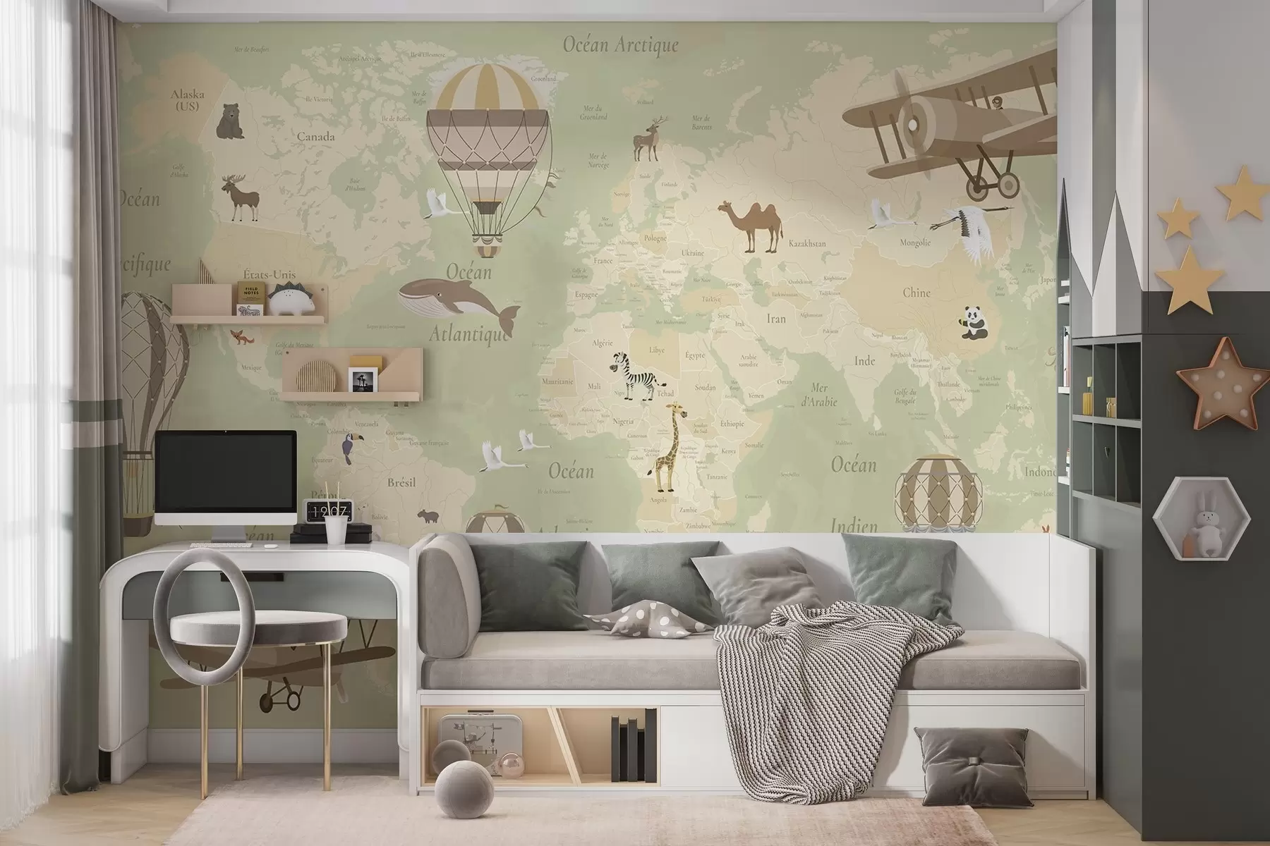 murales de pared Mapa del mundo para niños con animales, aviones y globos aerostáticos. En francés. Color verde. c00003frv2