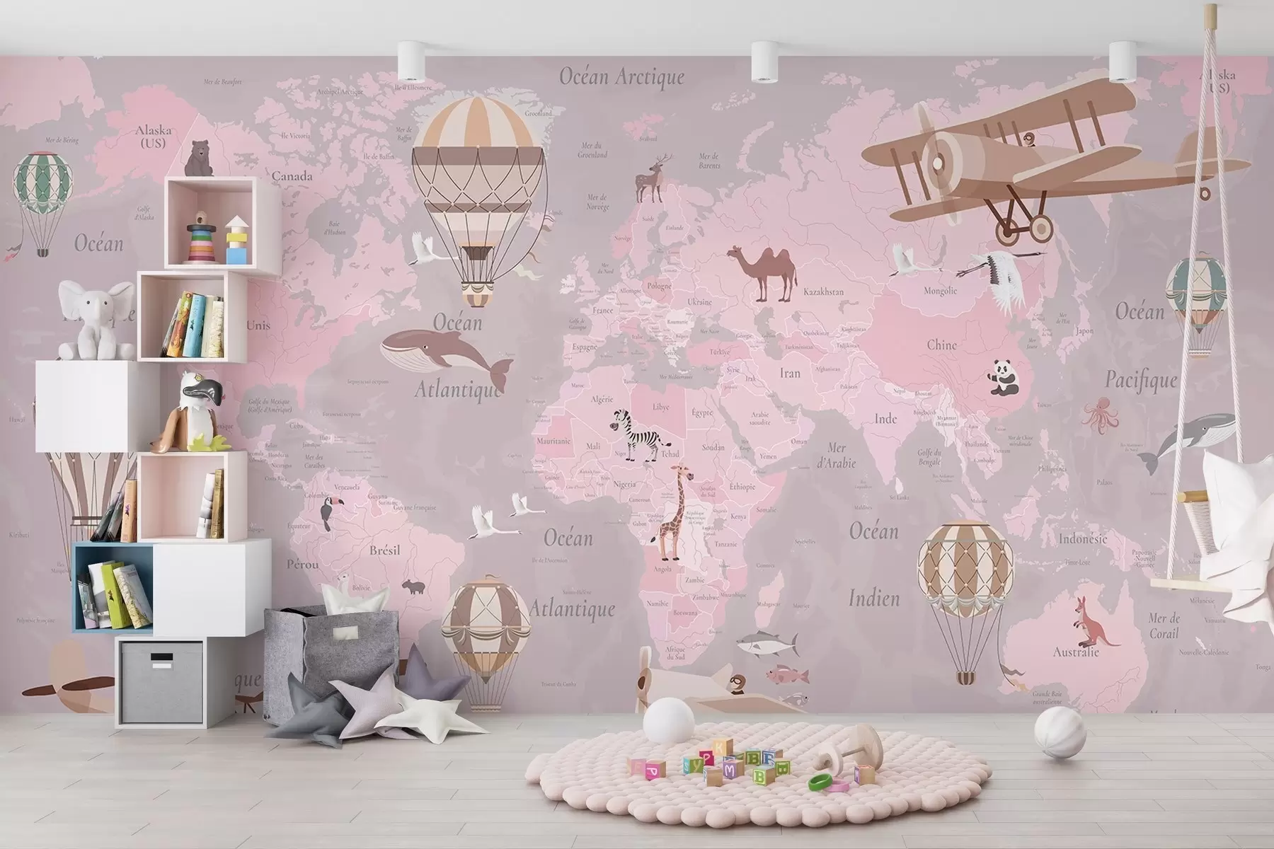 murales de pared Mapa del mundo para niños con animales, aviones y globos aerostáticos. En francés. Color rosa. c00003frv3