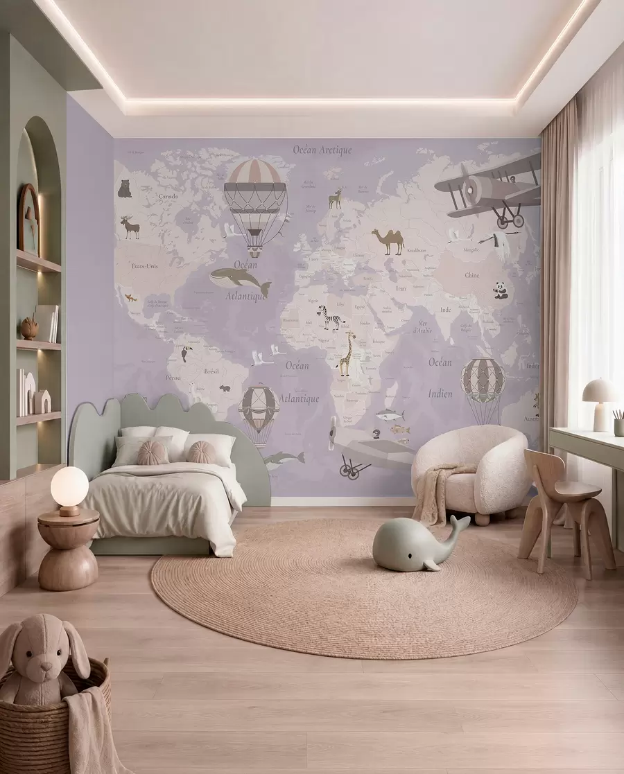 murales de pared Mapa del mundo para niños con animales, aviones y globos aerostáticos. En francés. Color morado. c00003frv4
