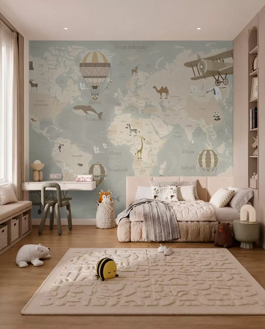 murales de pared Mapa del mundo para niños con animales, aviones y globos aerostáticos. Idioma polaco. Color beige. c00003pl