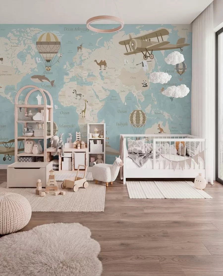murales de pared Mapa del mundo para niños con animales, aviones y globos aerostáticos. Idioma polaco. Color azul. c00003plv1