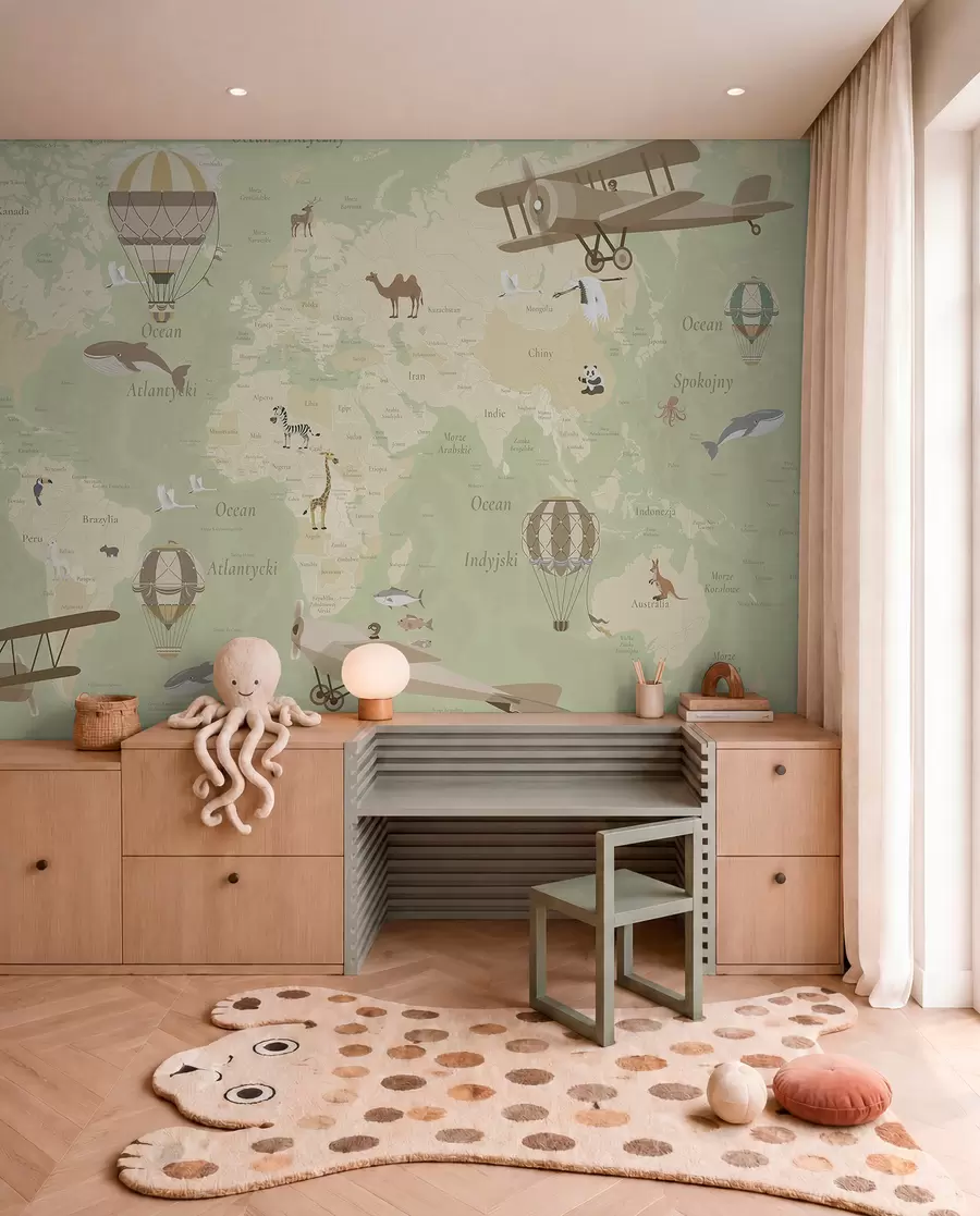 murales de pared Mapa del mundo para niños con animales, aviones y globos aerostáticos. Idioma polaco. Color verde. c00003plv2