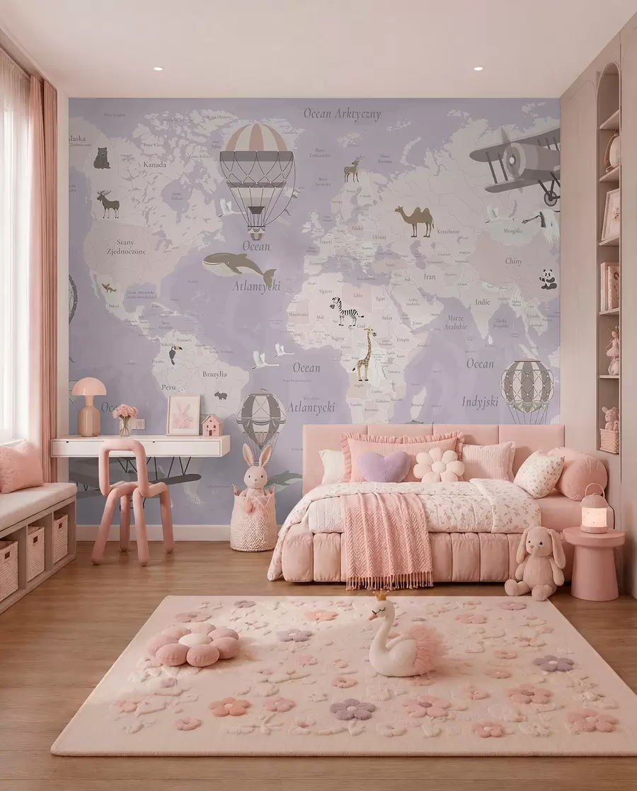 murales de pared Mapa del mundo para niños con animales, aviones y globos aerostáticos. Idioma polaco. Color morado. c00003plv4