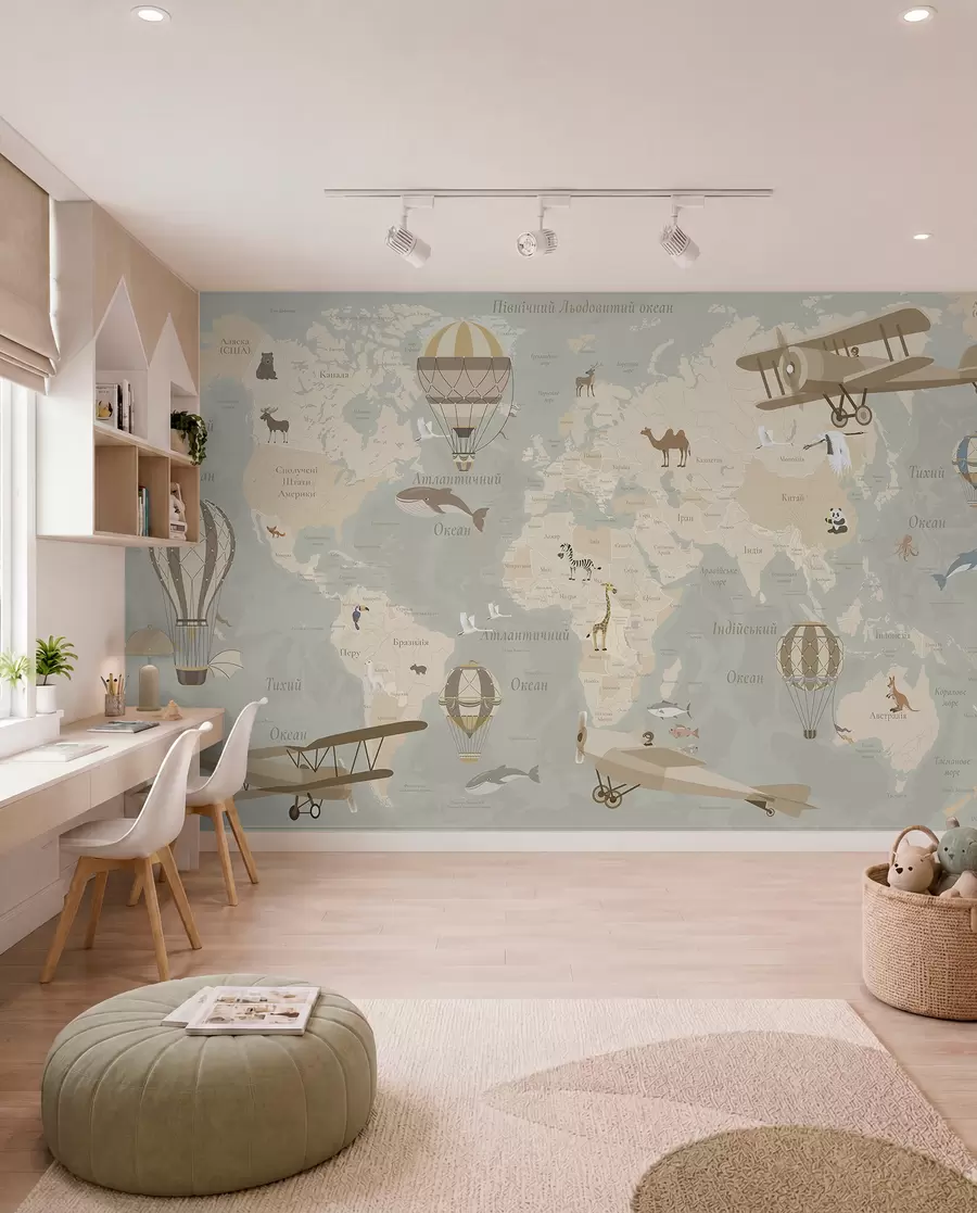 murales de pared Mapa del mundo para niños con animales, aviones y globos aerostáticos. Idioma ucraniano. Color beige. c00003uk