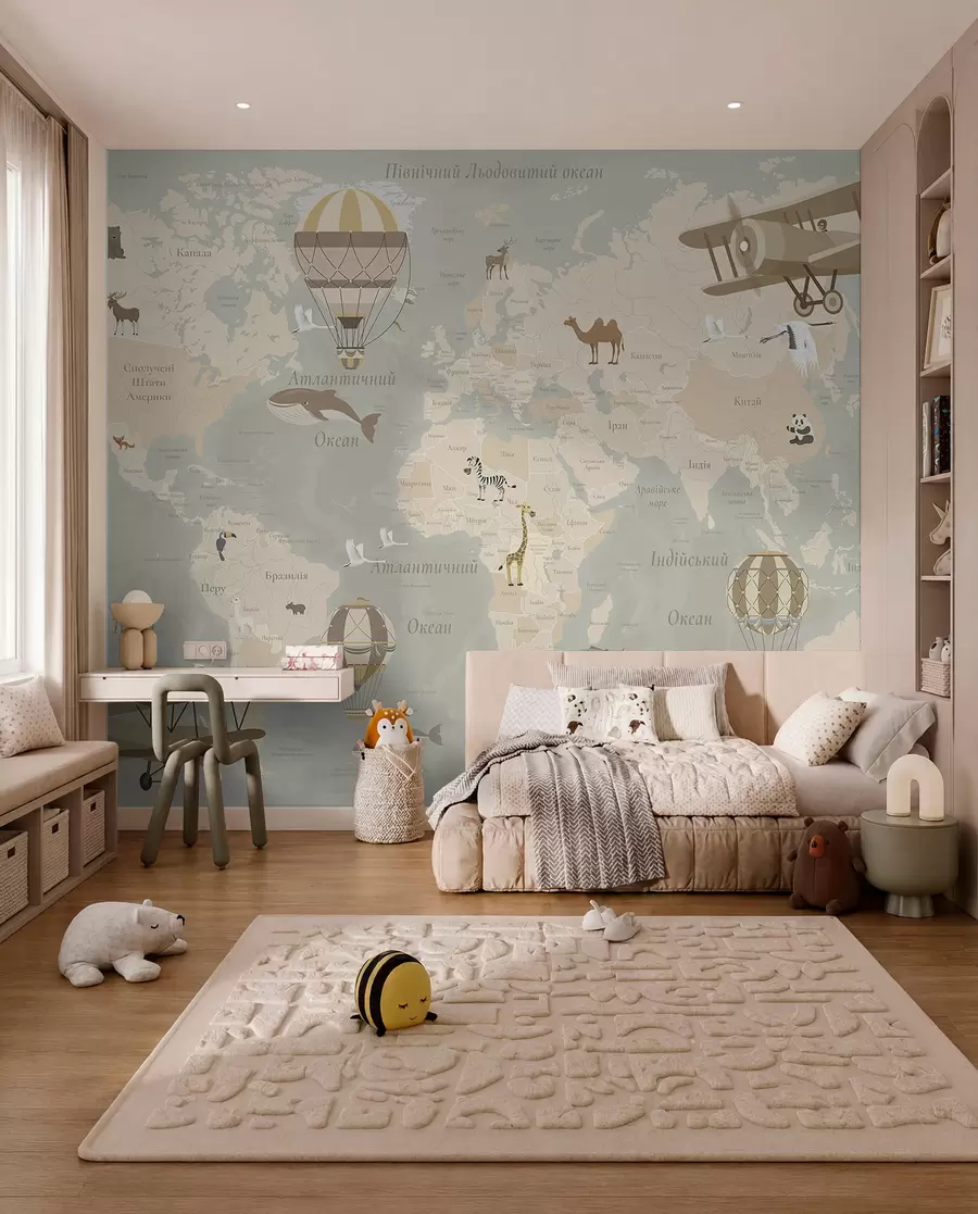 murales de pared Mapa del mundo para niños con animales, aviones y globos aerostáticos. Idioma ucraniano. Color beige. c00003uk