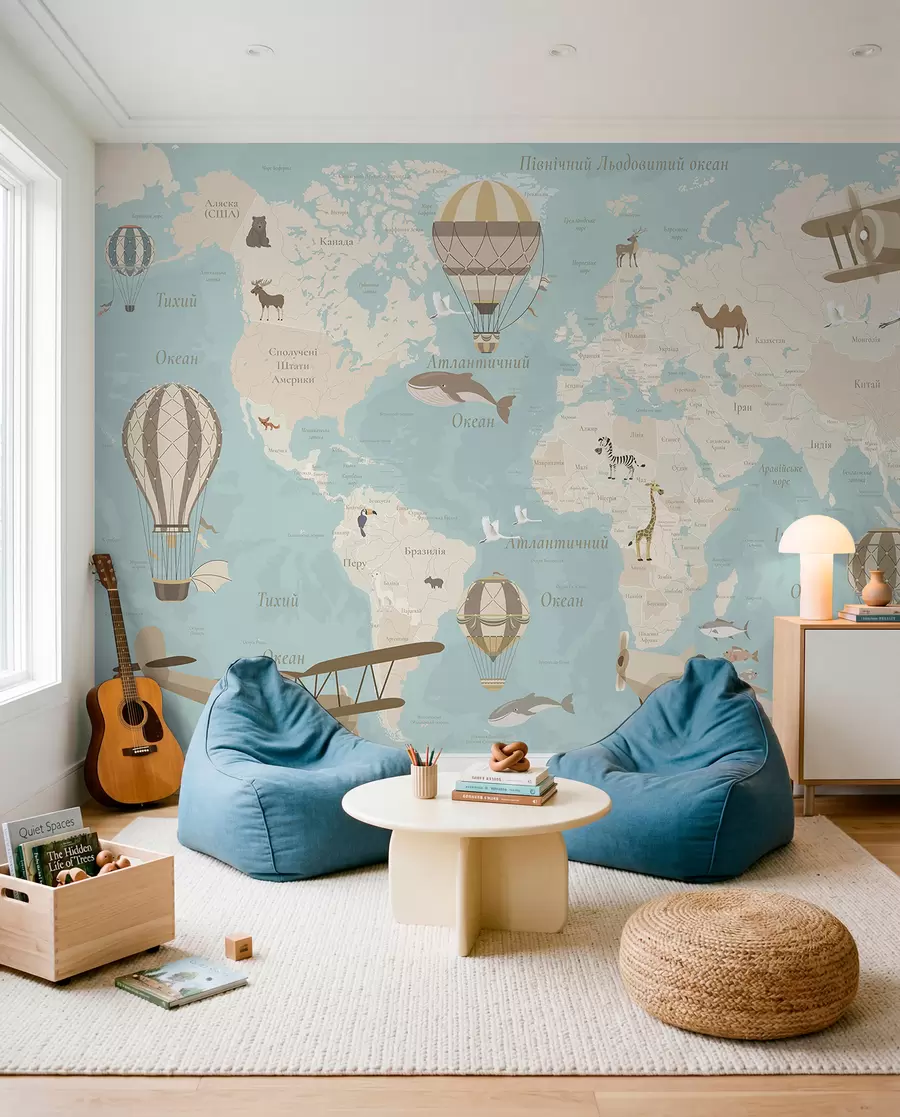 murales de pared Mapa del mundo para niños con animales, aviones y globos aerostáticos. Idioma ucraniano. Color azul. c00003ukv1