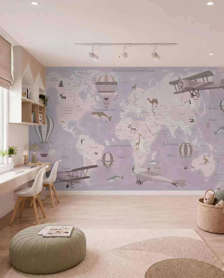 murales de pared Mapa del mundo para niños con animales, aviones y globos aerostáticos. Idioma ucraniano. Color morado. c00003ukv4