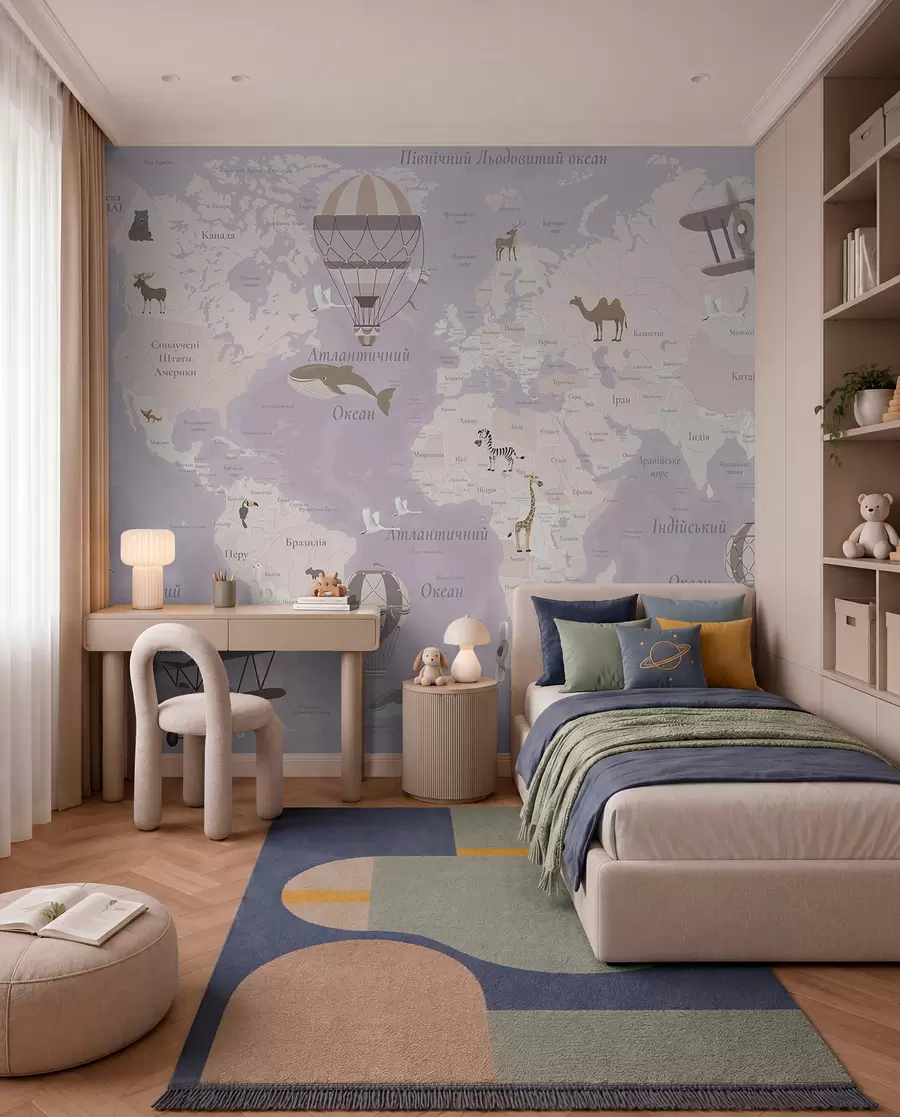 murales de pared Mapa del mundo para niños con animales, aviones y globos aerostáticos. Idioma ucraniano. Color morado. c00003ukv4