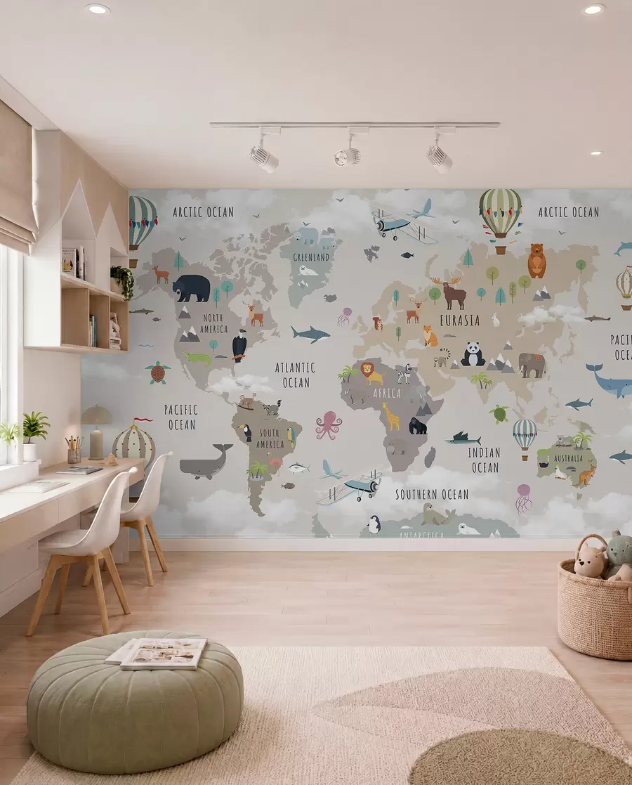 murales de pared Mapa del mundo para niños con animales y globos aerostáticos. En inglés. c00002en