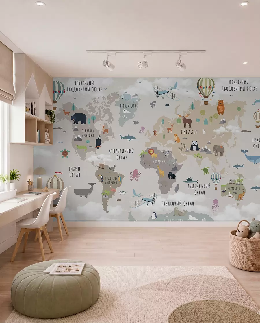 murales de pared Mapa del mundo para niños con animales y globos aerostáticos. Idioma ucraniano. c00002uk