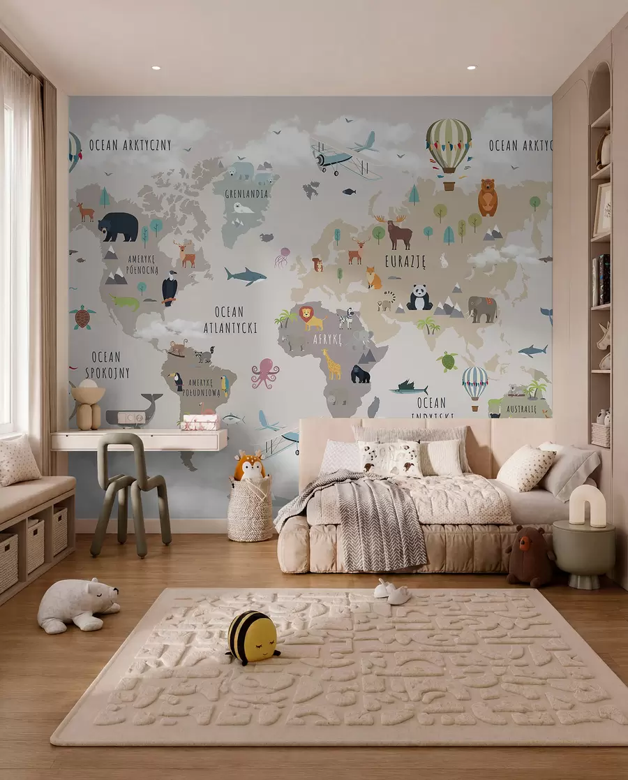 murales de pared Mapa del mundo para niños con animales y globos aerostáticos. Idioma polaco. c00002pl