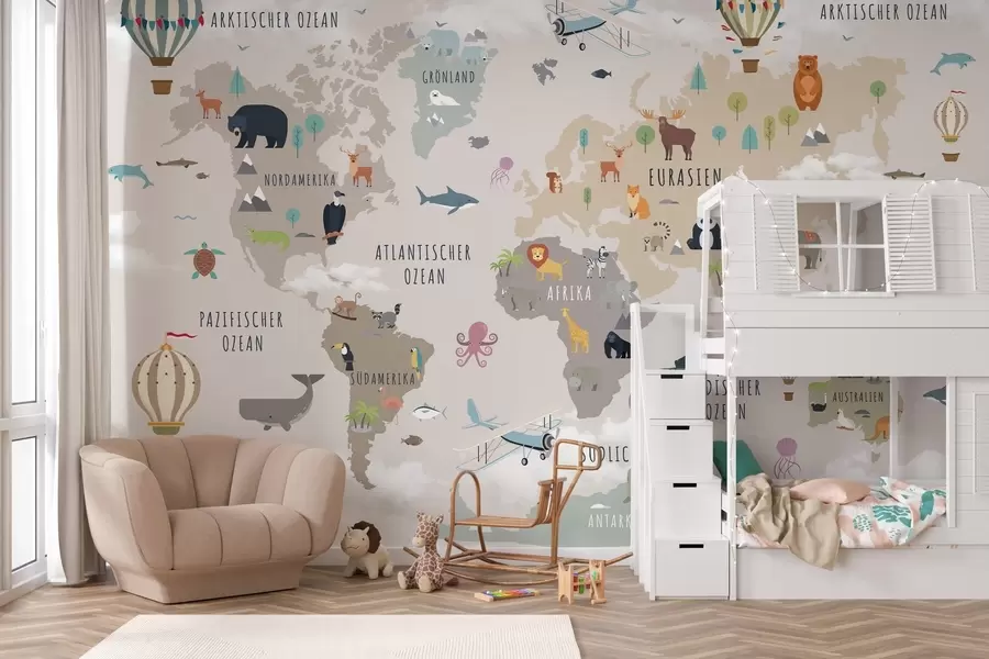 murales de pared Mapa mundial infantil con animales y globos aerostáticos. Idioma alemán. c00002de