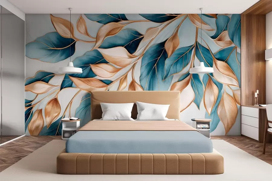 murales de pared Hojas azules y naranjas con textura, fondo azul claro, diseño elegante y artístico, estilo moderno w09429