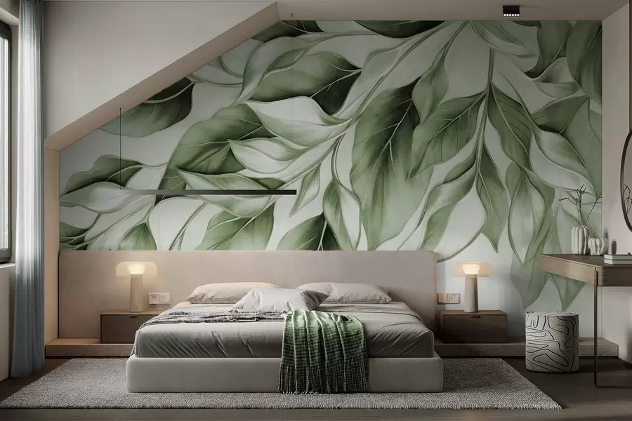 murales de pared Hojas verdes apagadas con textura, fondo claro, diseño elegante y artístico, estilo moderno w09429v1
