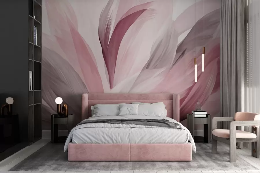 murales de pared Plumas abstractas con textura en rosa, blanco y gris y varios tonos, superpuestas sobre un fondo blanco w09531v2