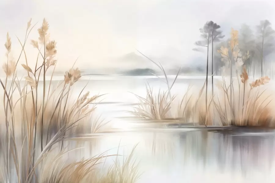 murales de pared Paisaje con un lago y hierba alta en primer plano, montañas al fondo, colores suaves, textura w09534