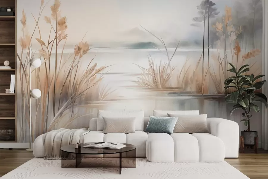 murales de pared Paisaje con un lago y hierba alta en primer plano, montañas al fondo, colores suaves, textura w09534