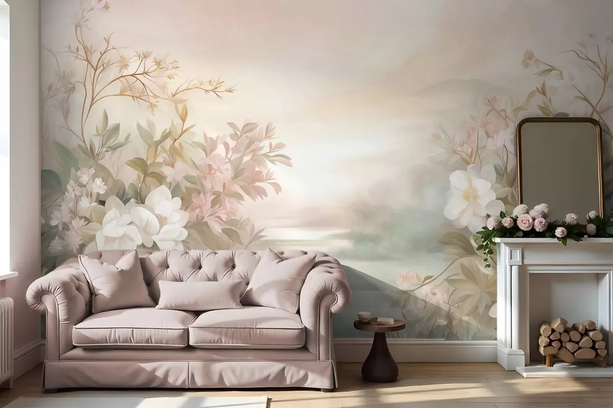 murales de pared Un paisaje con un río rodeado de flores y plantas, colores suaves, cielo rosado, estilo con textura de acuarela. w09537