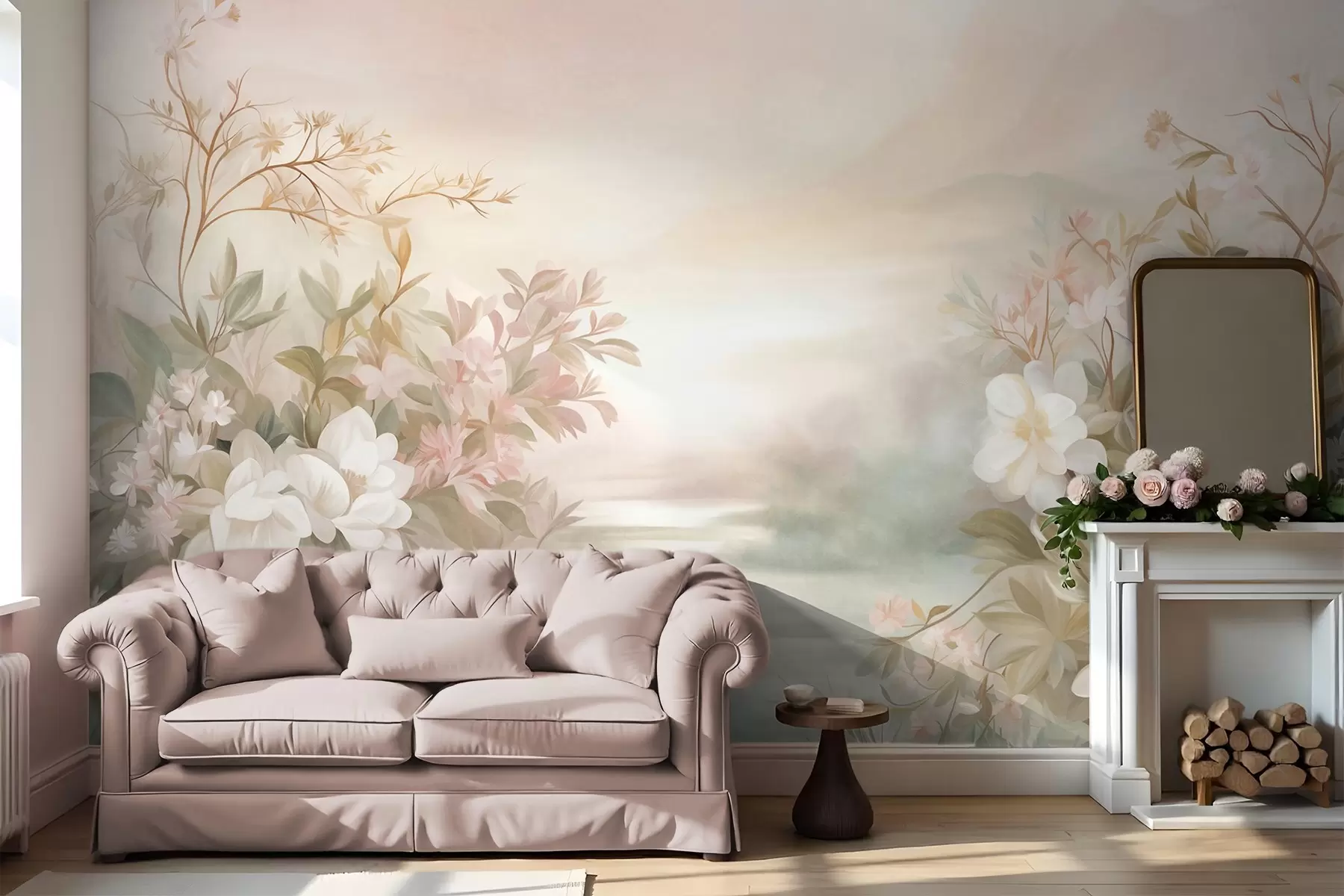 murales de pared Un paisaje con un río rodeado de flores y plantas, colores suaves, cielo rosado, estilo con textura de acuarela w09537