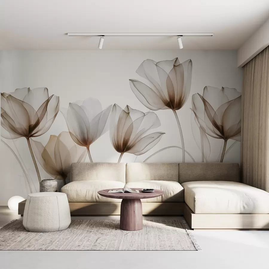 murales de pared Flores de tulipán translúcidas de color marrón y blanco con tallos largos, sobre un fondo claro, delicadas y con textura, arte floral w09538v1