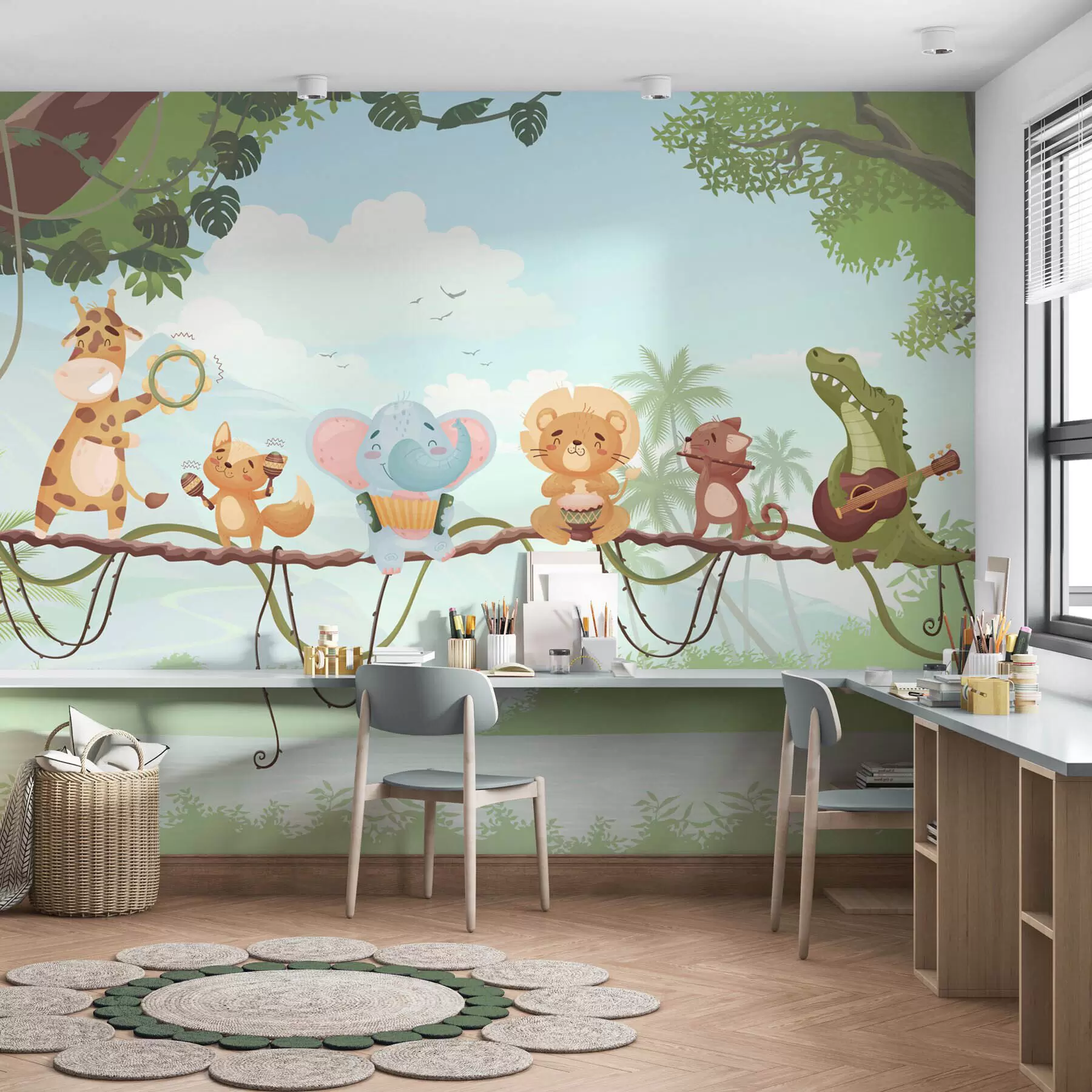 murales de pared Animales con instrumentos musicales frente a un paisaje tropical w04505