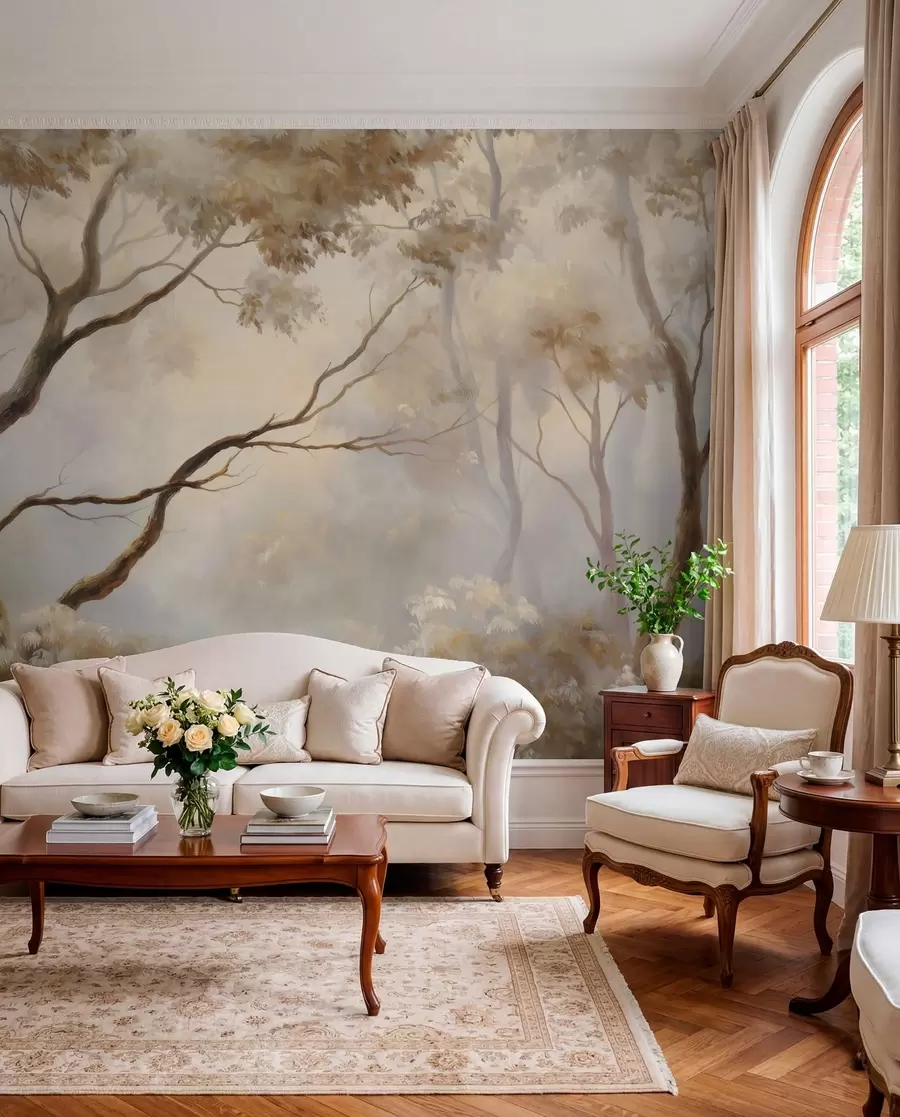 murales de pared El bosque envuelto en la ligera niebla matinal. Una delicada pintura atmosférica al estilo de un paisaje artístico w04817