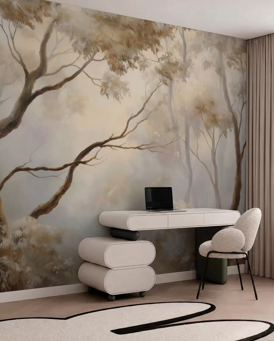 murales de pared El bosque envuelto en la ligera niebla matinal. Una delicada pintura atmosférica al estilo de un paisaje artístico w04817