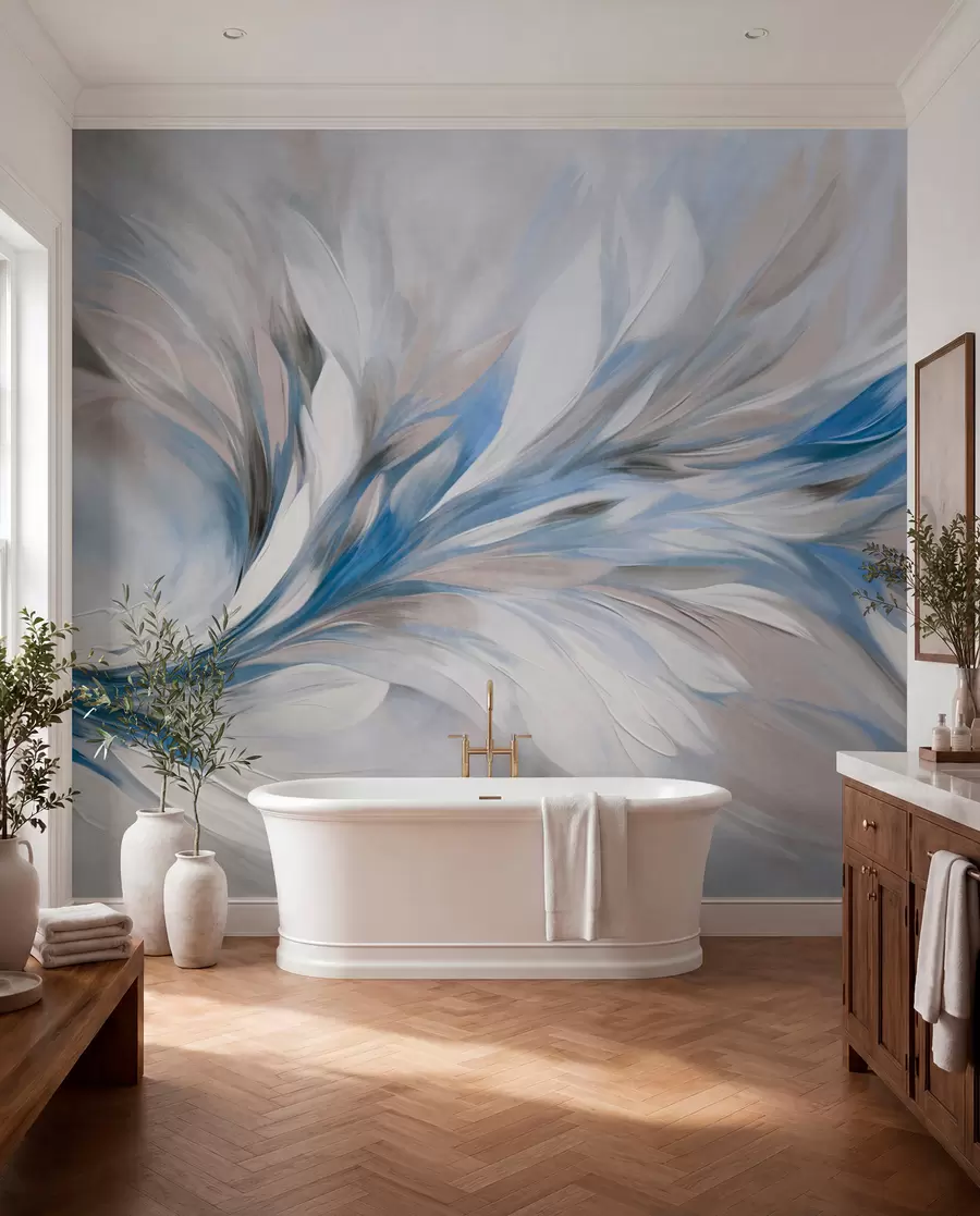 murales de pared Estilo de pintura abstracta con pinceladas texturizadas en blanco, azul y gris sobre un fondo suave y claro w09552v1