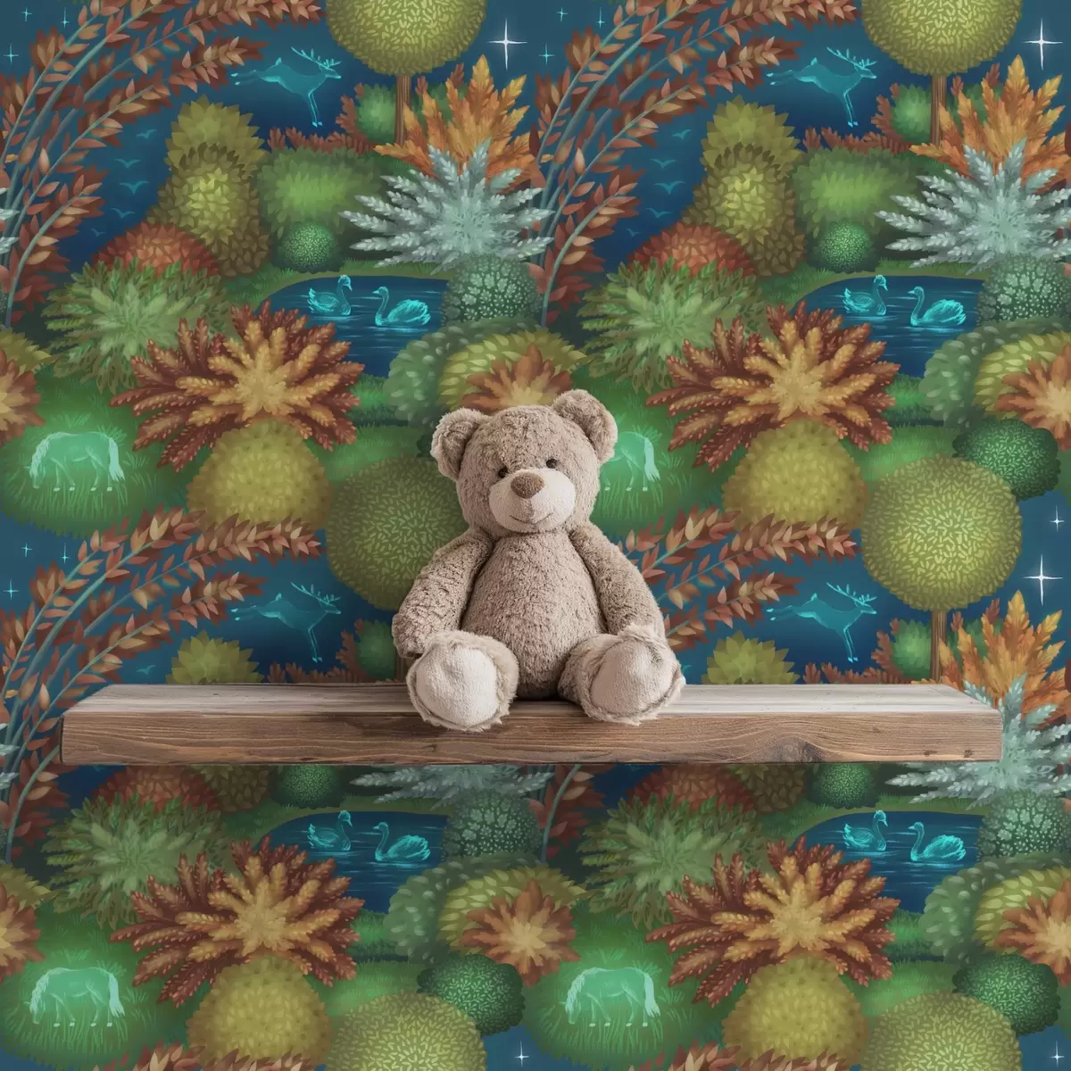 Papel pintado Jardín nocturno de cuento de hadas con un lago y animales luminosos. a00851