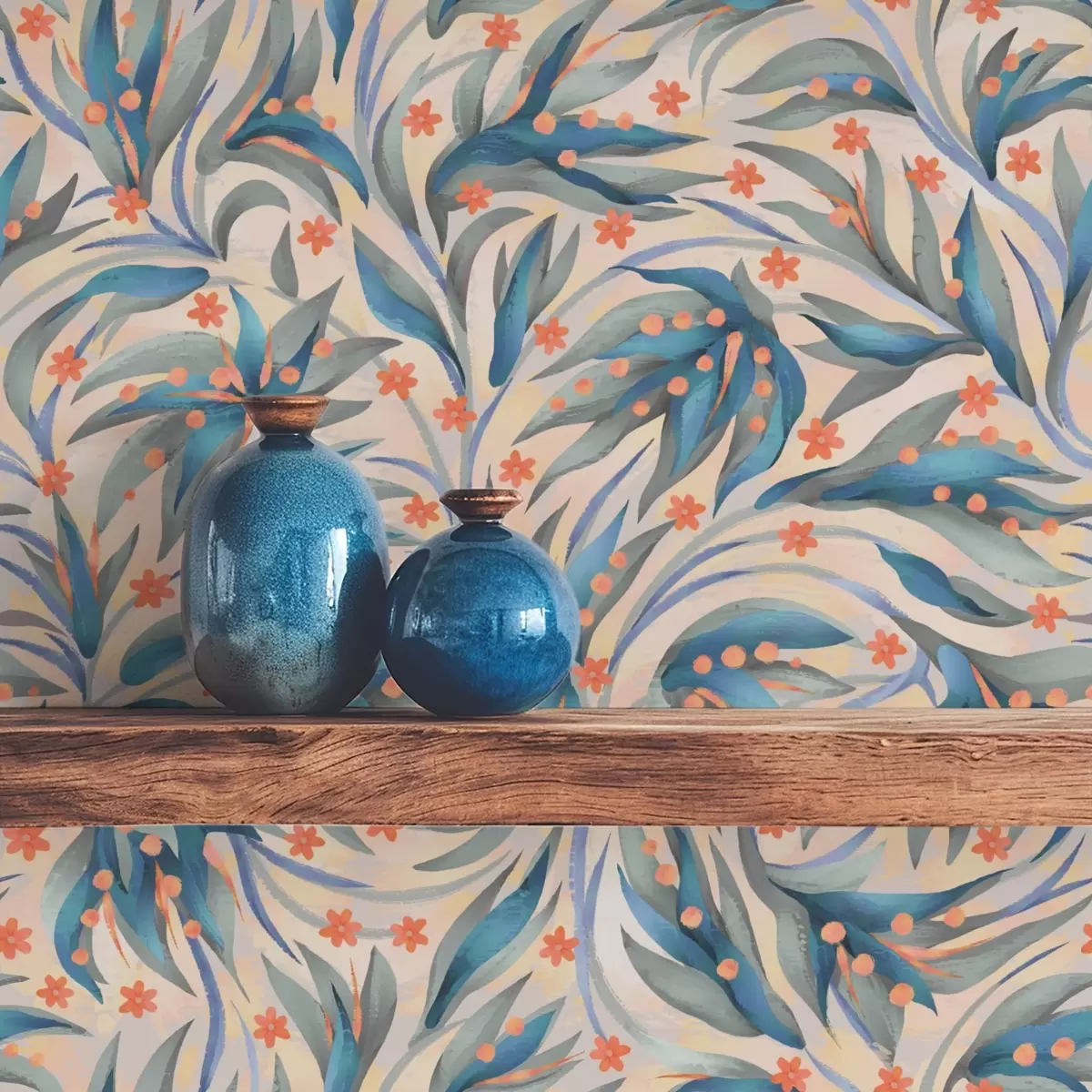 Papel pintado Follaje azul abstracto con flores coralinas a00852