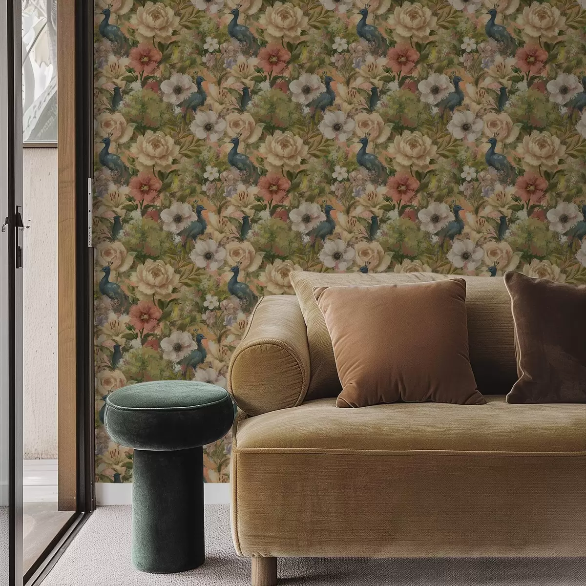 Papel pintado Jardín pintoresco con pavos reales y flores grandes a00885