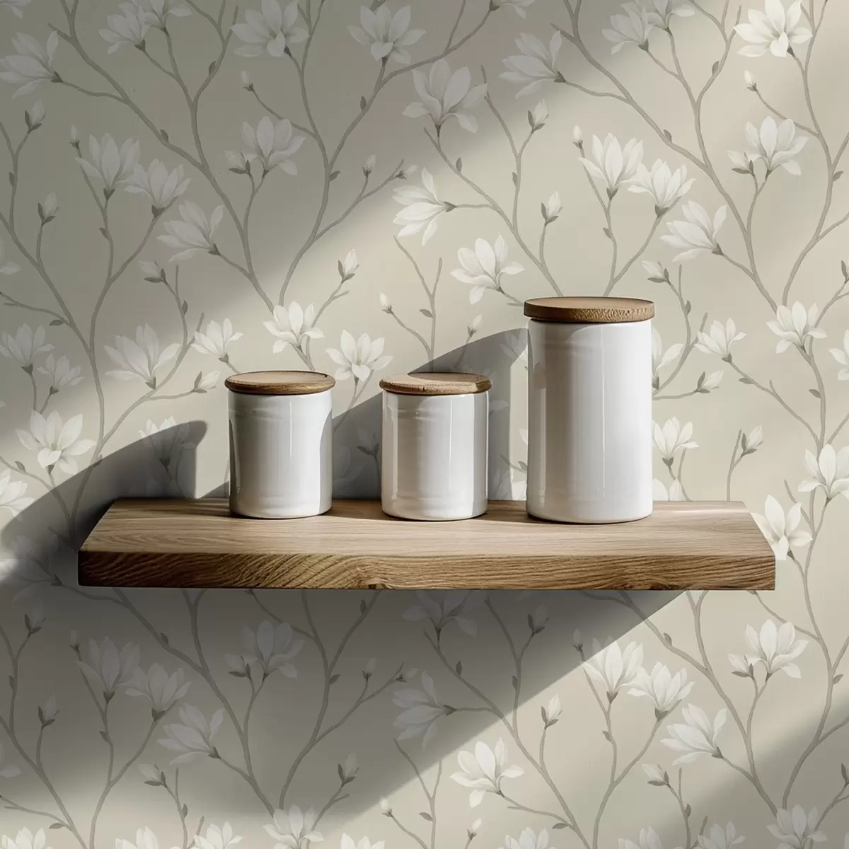 Papel pintado Magnolias claras en esbeltas ramas beige a00890