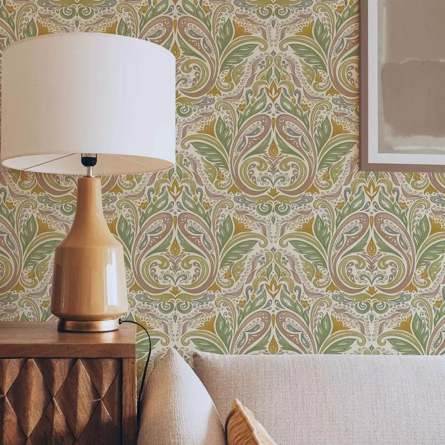 murales de pared Remolinos ornamentales con hojas en tonos verdes y terracota. a00927v1