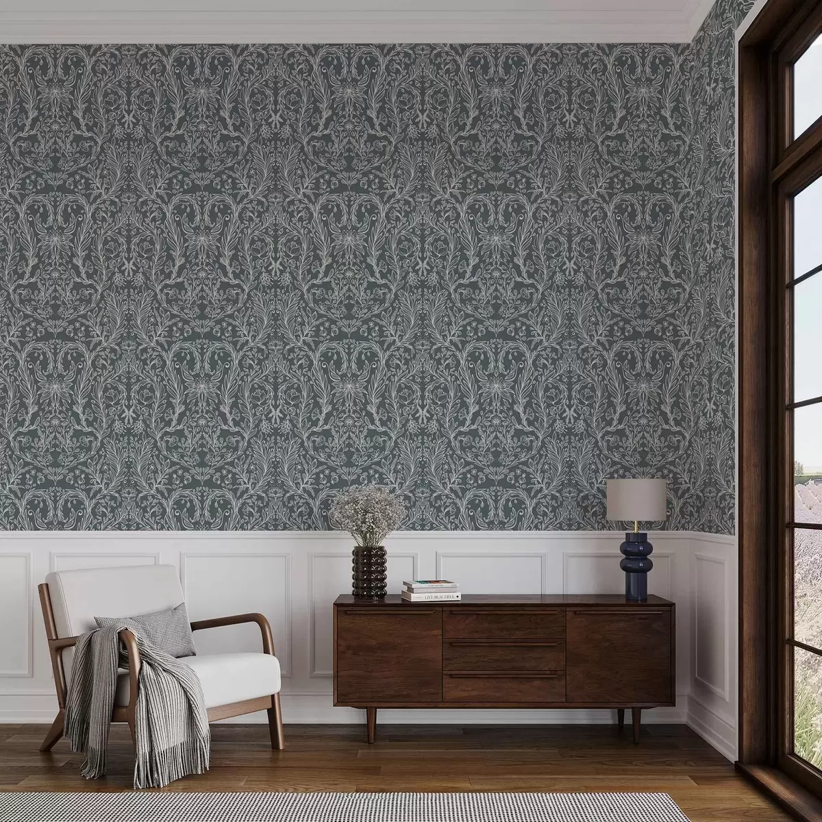 Papel pintado Adorno floral lineal sobre fondo gris azulado. a00929v1