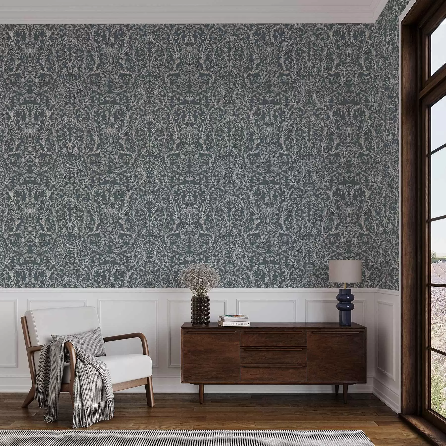 murales de pared Adorno floral lineal sobre fondo gris azulado. a00929v1