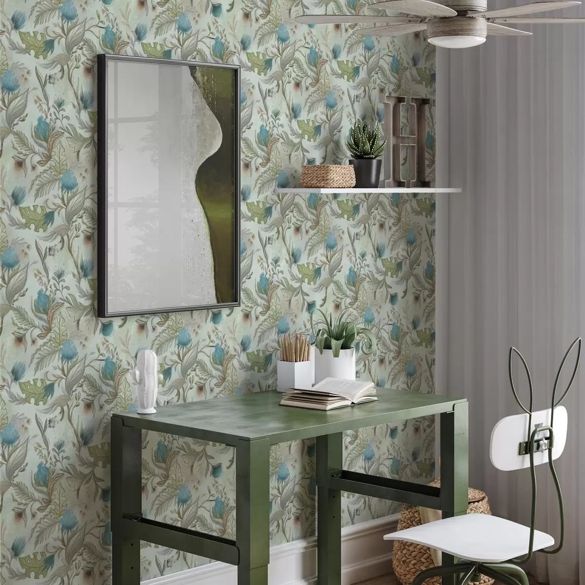 Papel pintado Flores azules y vegetación sobre un suave fondo menta. a00930v1