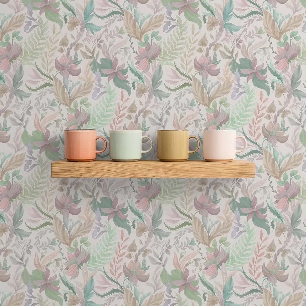 Papel pintado Delicadas flores y hojas en tonos pastel sobre un fondo claro. a00931