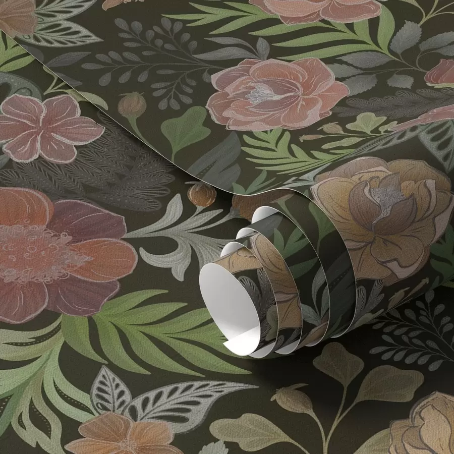 murales de pared Ricas flores y vegetación sobre un fondo oscuro intenso a00932